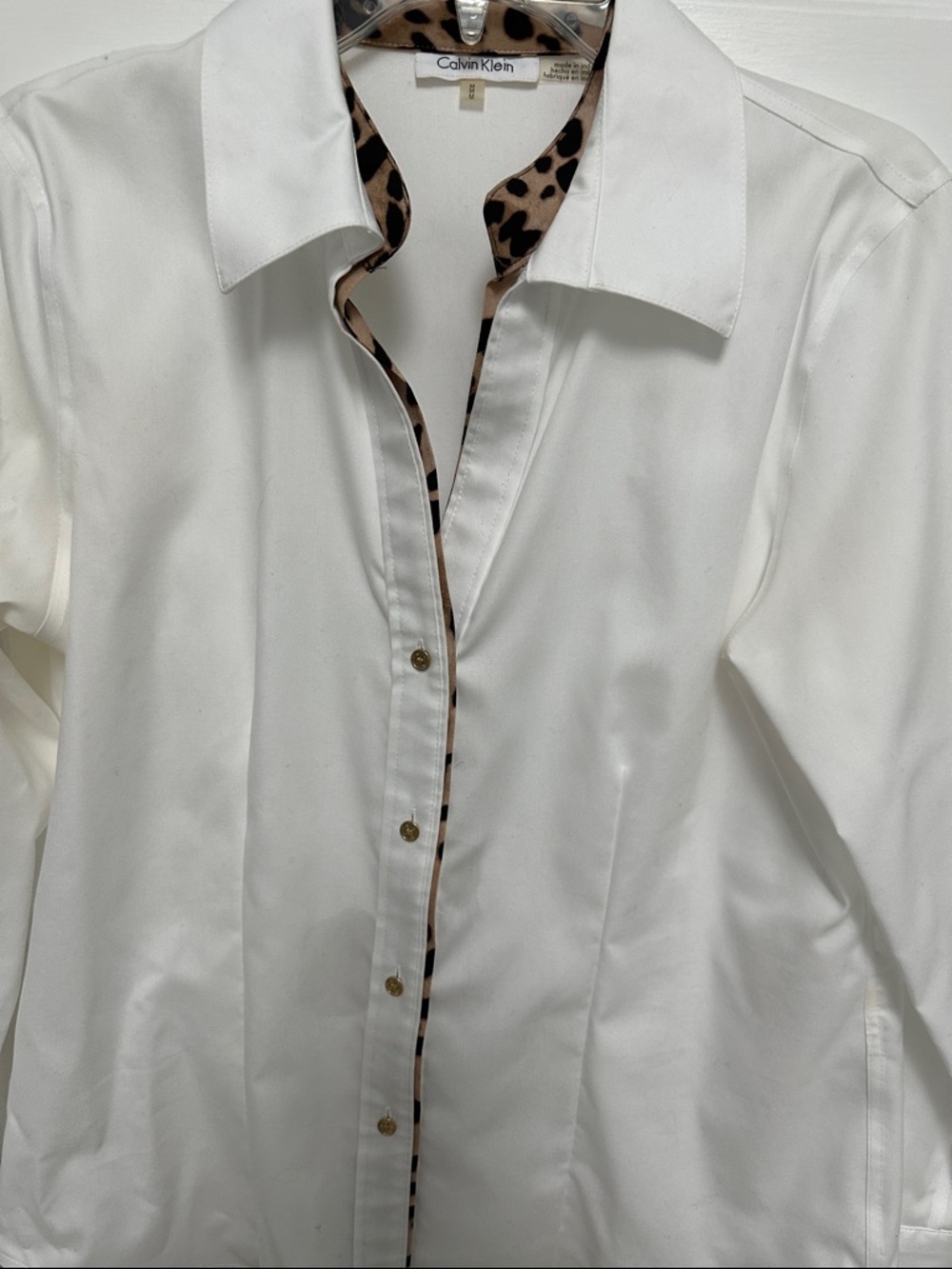 Calvin Klein White Button-Up Shirt with Leopard Trim Accent